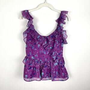 French Connection Top 4 Aden Bai Floral Ruffle Cami Purple Dahlia Artsy Feminine